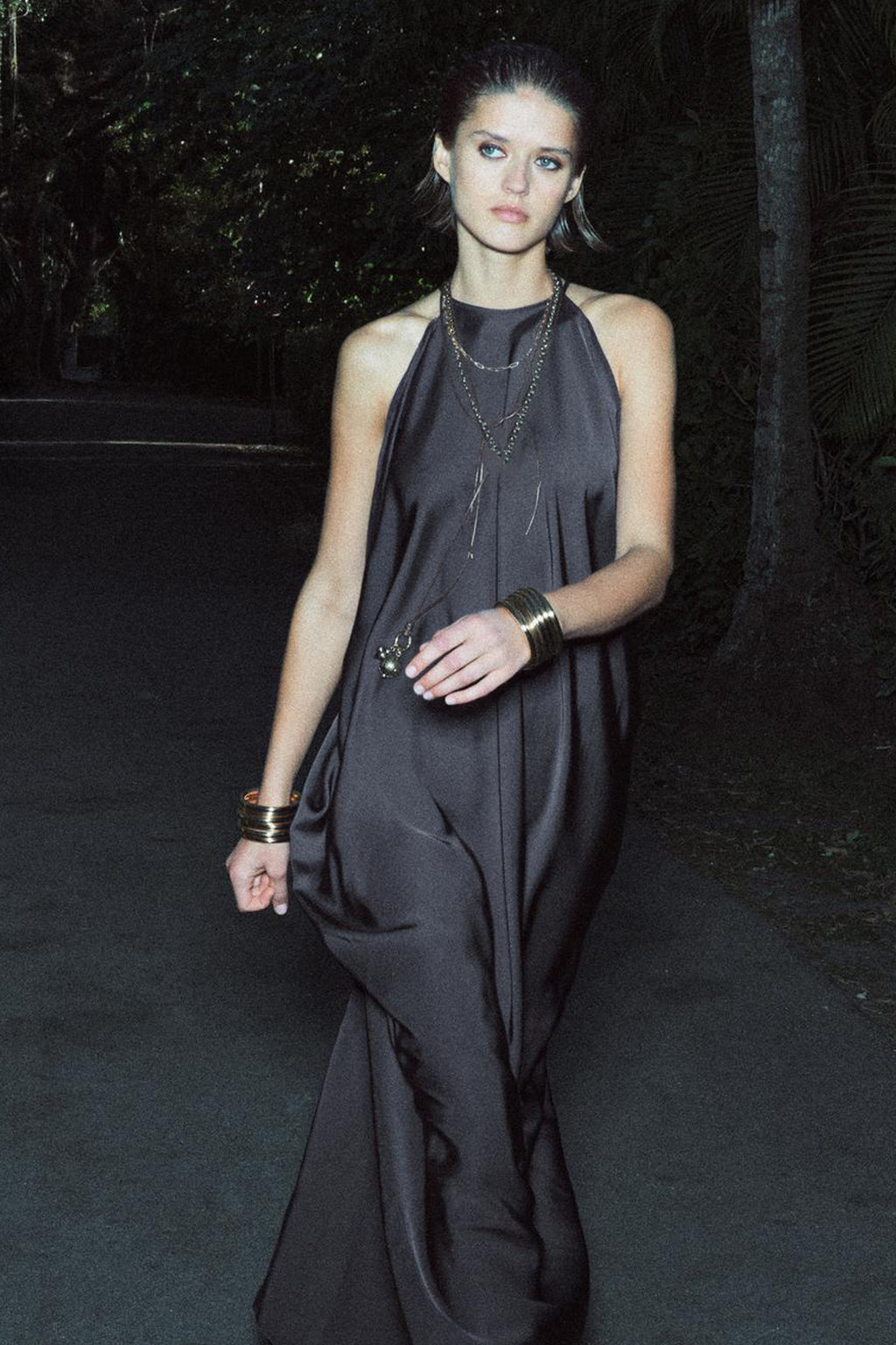 Signature Backless Satin Halter Midi Dress