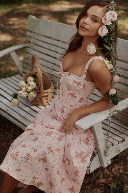 vintage rose pink floral print midi dress