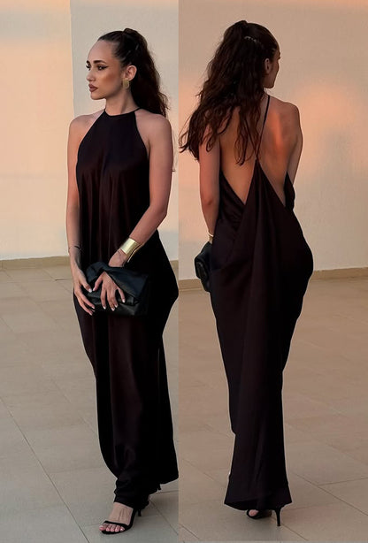 Signature Backless Satin Halter Midi Dress