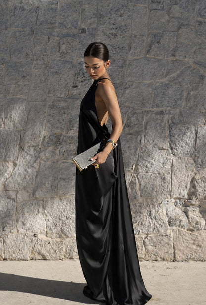 Elegant Backless Satin Halter Midi Dress – Stylux Elegant Backless Satin Halter Midi Dress – Stylux