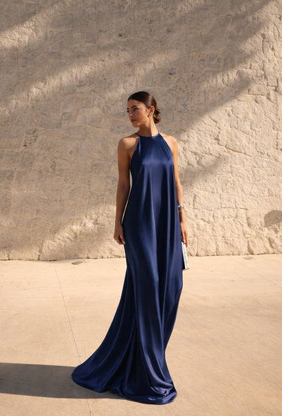 Elegant Backless Satin Halter Midi Dress Stylux Elegant Backless Satin Halter Midi Dress Stylux