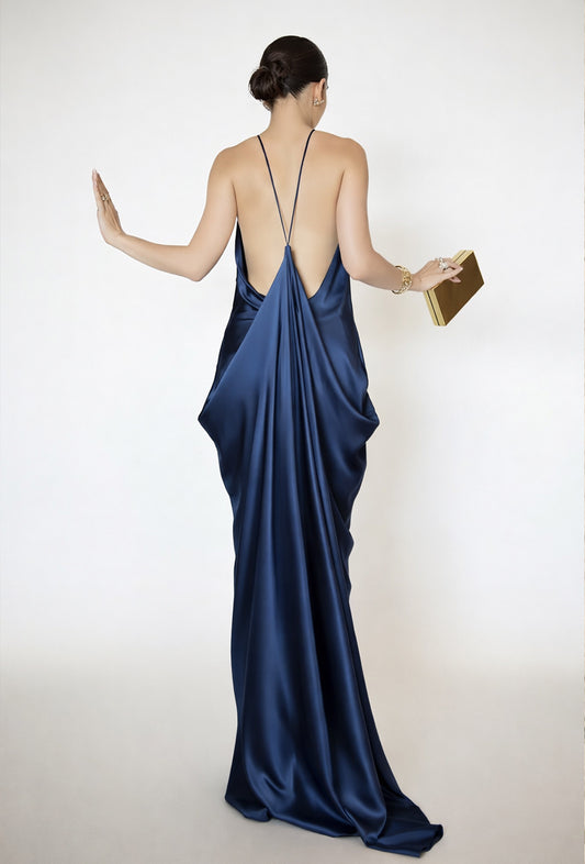 Luxury Satin Halter Backless Midi Dress