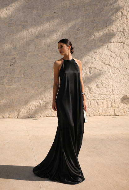 Elegant Backless Satin Halter Midi Dress