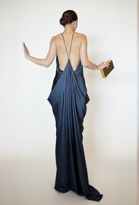 Signature Backless Satin Halter Midi Dress